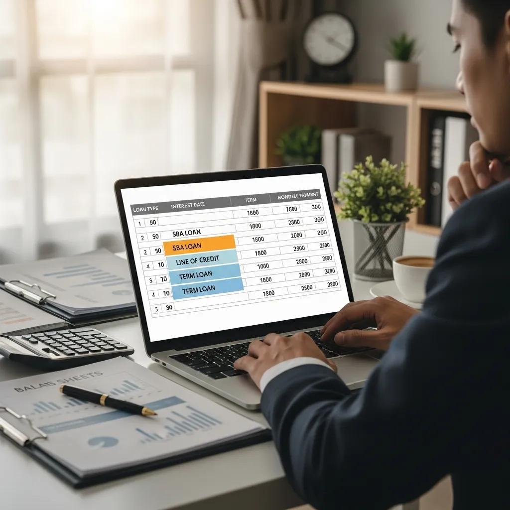 Business owner evaluating financing options on a laptop with financial documents