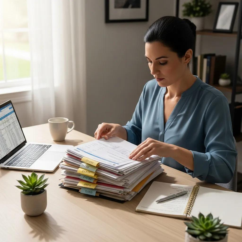 Business owner organizing financial documents for equipment loan application in a focused workspace