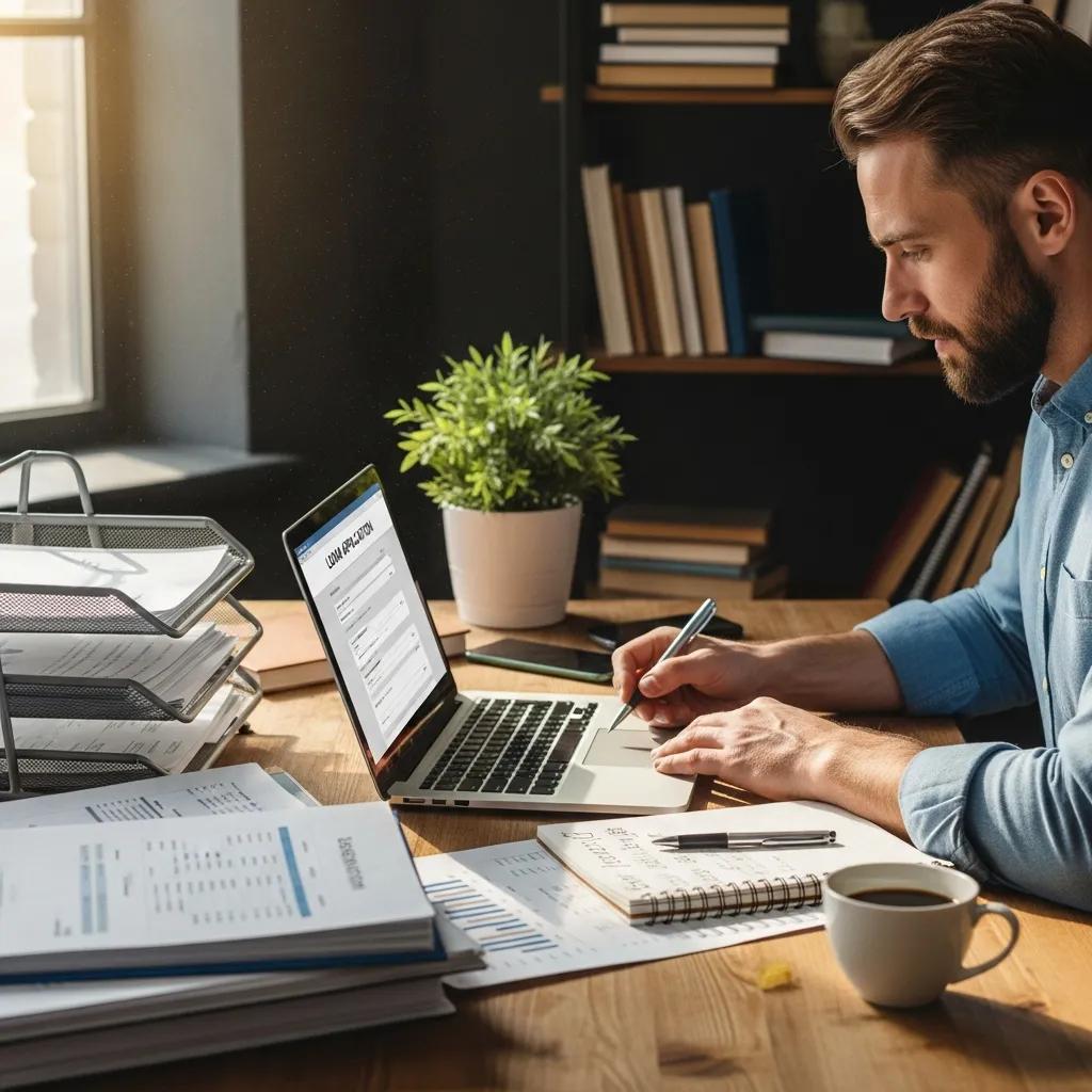 Business owner preparing loan application documents at a desk