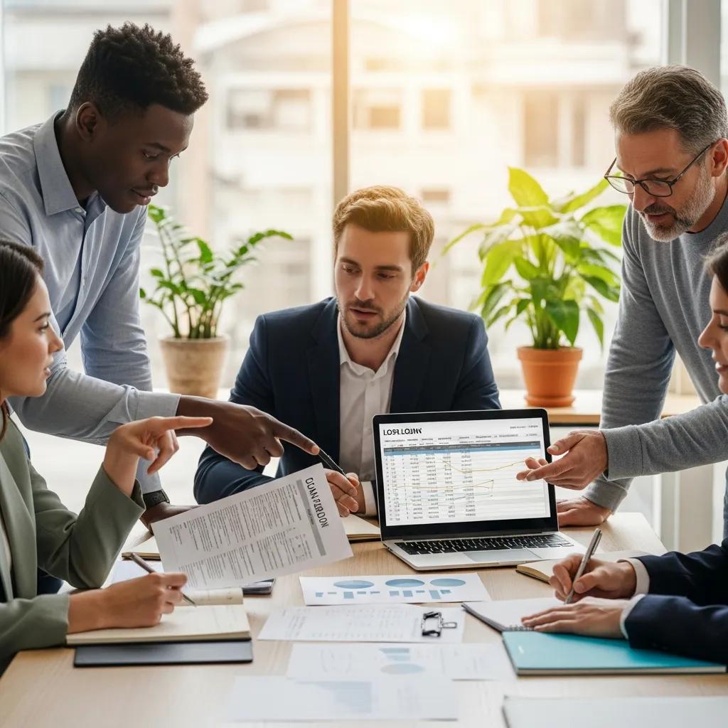 Diverse small business owners discussing loan options in a collaborative meeting