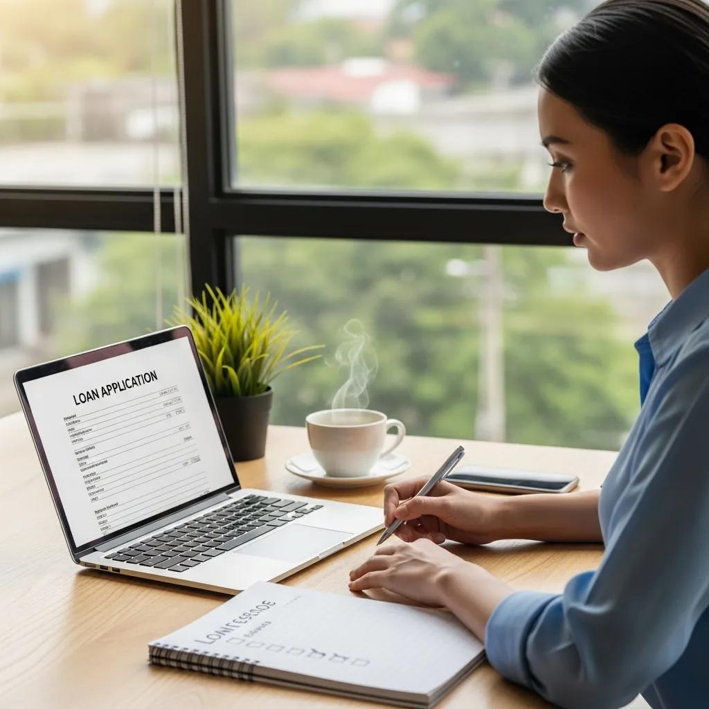 Entrepreneur preparing a loan application at a desk with a laptop and checklist