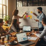 Entrepreneurs collaborating in a modern office, brainstorming startup business ideas