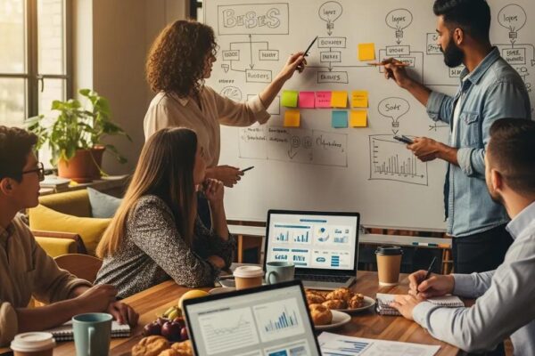 Entrepreneurs collaborating in a modern office, brainstorming startup business ideas