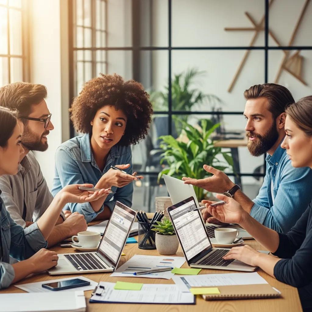 Entrepreneurs discussing various types of business loans in a collaborative workspace
