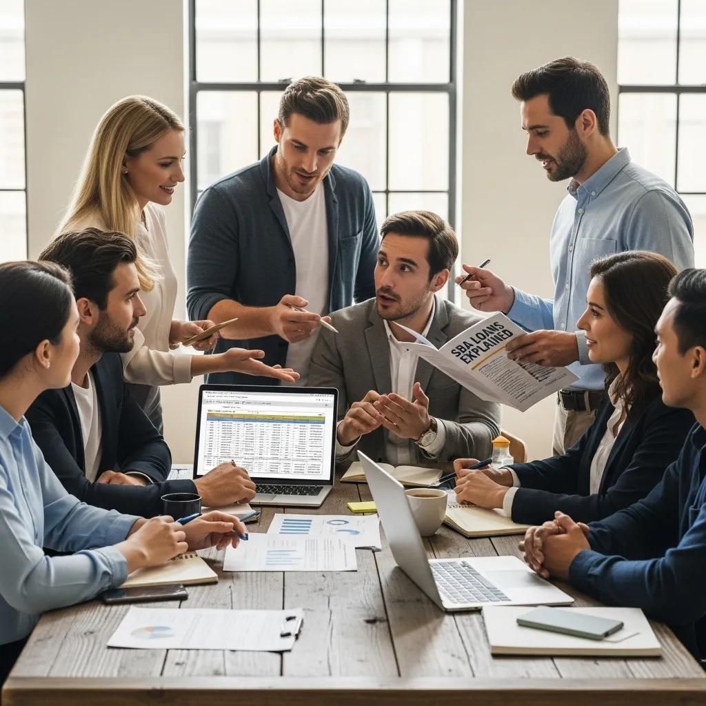 Group of small business owners discussing different types of loans available for their businesses