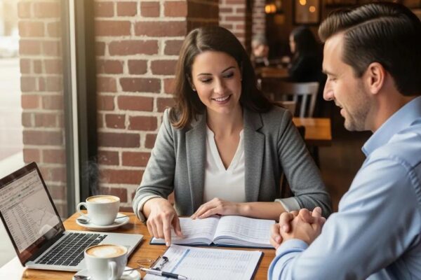 Small business owner discussing financing options in a cozy caf&eacute; setting