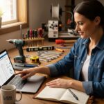 Small business owner exploring equipment financing options with tools and machinery in a cozy workspace