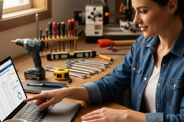 Small business owner exploring equipment financing options with tools and machinery in a cozy workspace