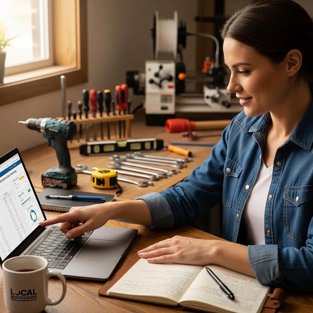 Small business owner exploring equipment financing options with tools and machinery in a cozy workspace
