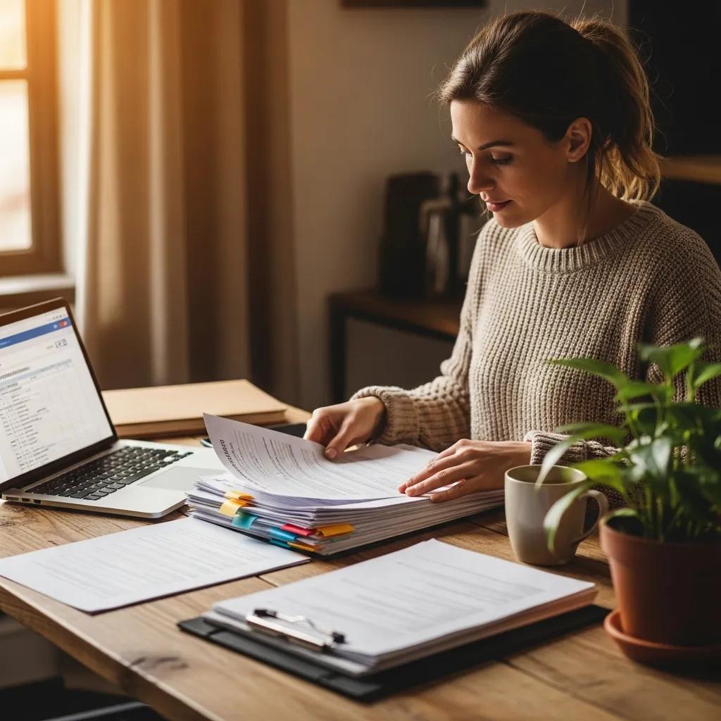 Small business owner organizing financial documents for a credit application