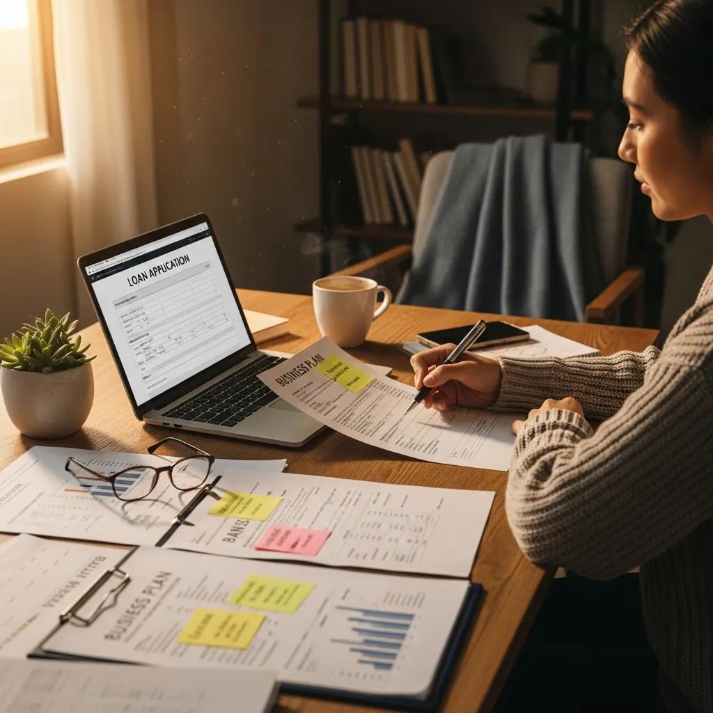 Small business owner preparing loan application documents in a cozy workspace