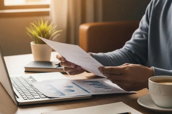 Small business owner reviewing financial documents in a cozy office setting