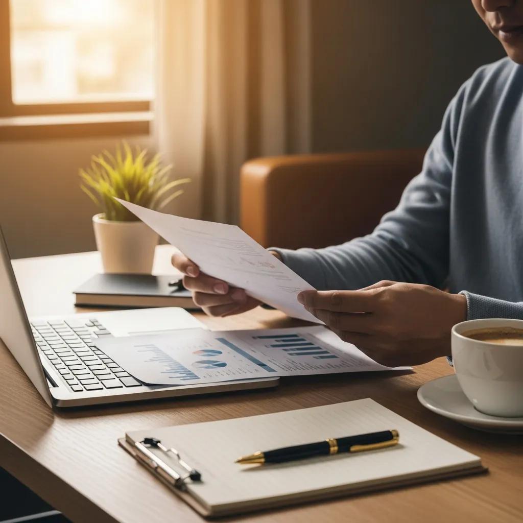 Small business owner reviewing financial documents in a cozy office setting