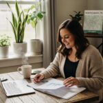 Small business owner reviewing financial documents in a cozy workspace