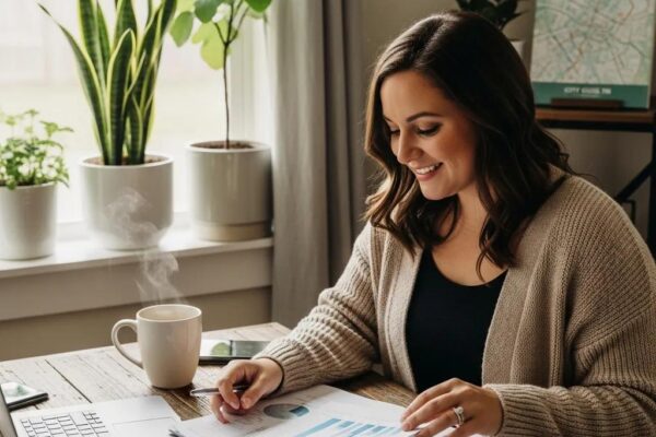 Small business owner reviewing financial documents in a cozy workspace