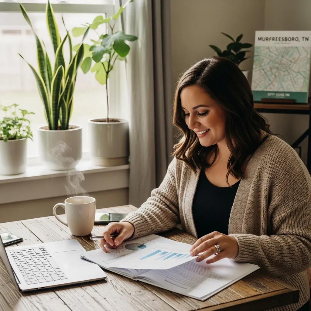 Small business owner reviewing financial documents in a cozy workspace