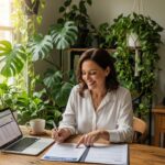 Small business owner reviewing SBA loan documents in a cozy office setting