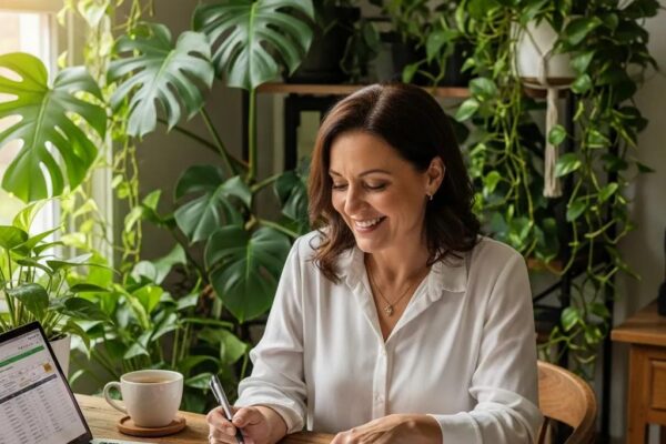 Small business owner reviewing SBA loan documents in a cozy office setting