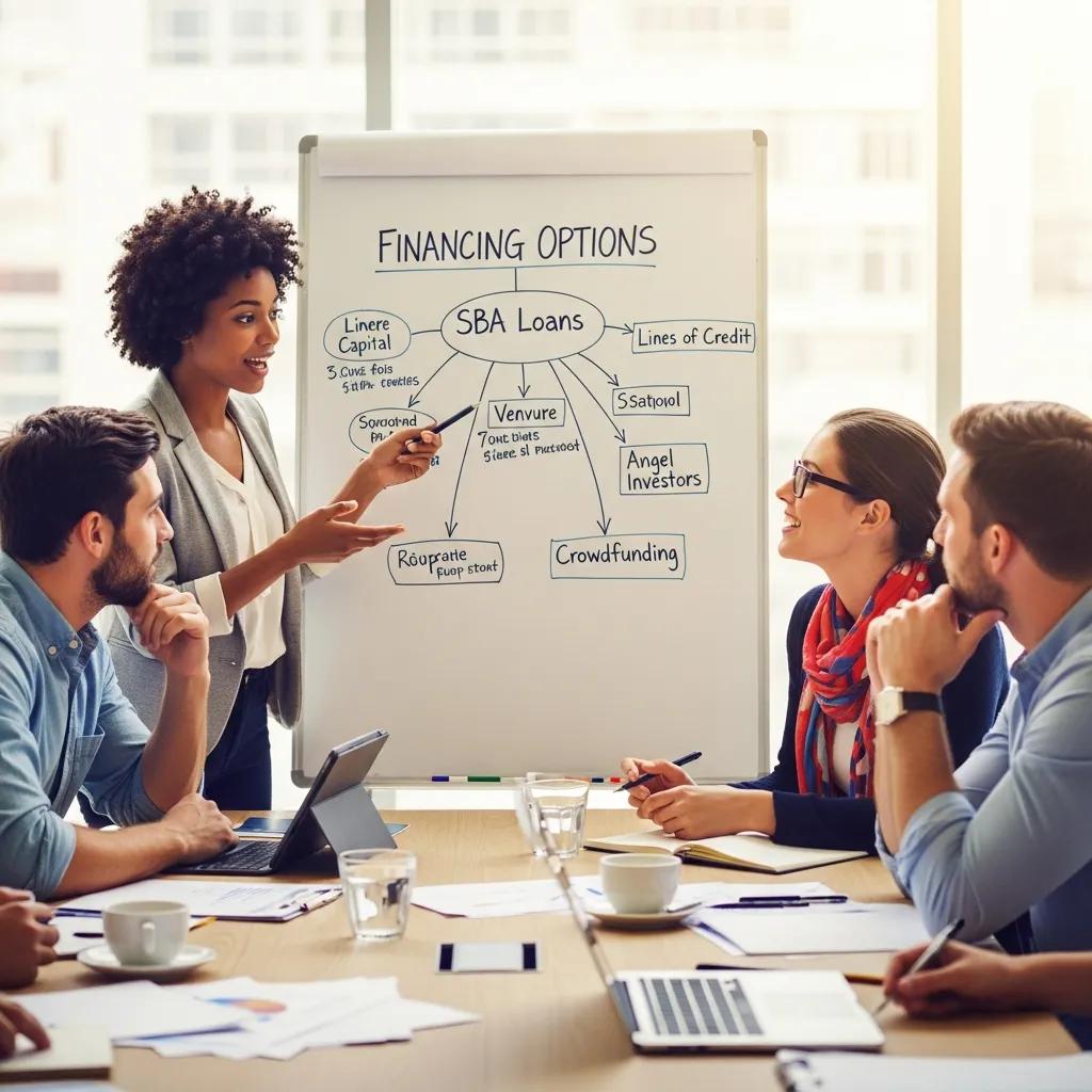 Small business owners collaborating on financing strategies in a modern office