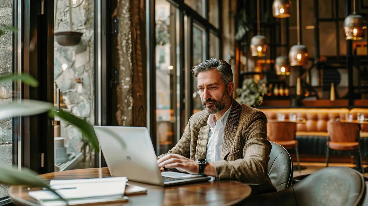 Restaurant owner reviewing small business loan options on a laptop in a café