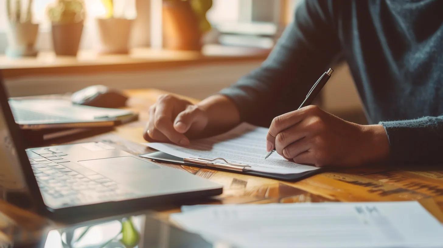Close-up of hands completing a business loan application with financial documents