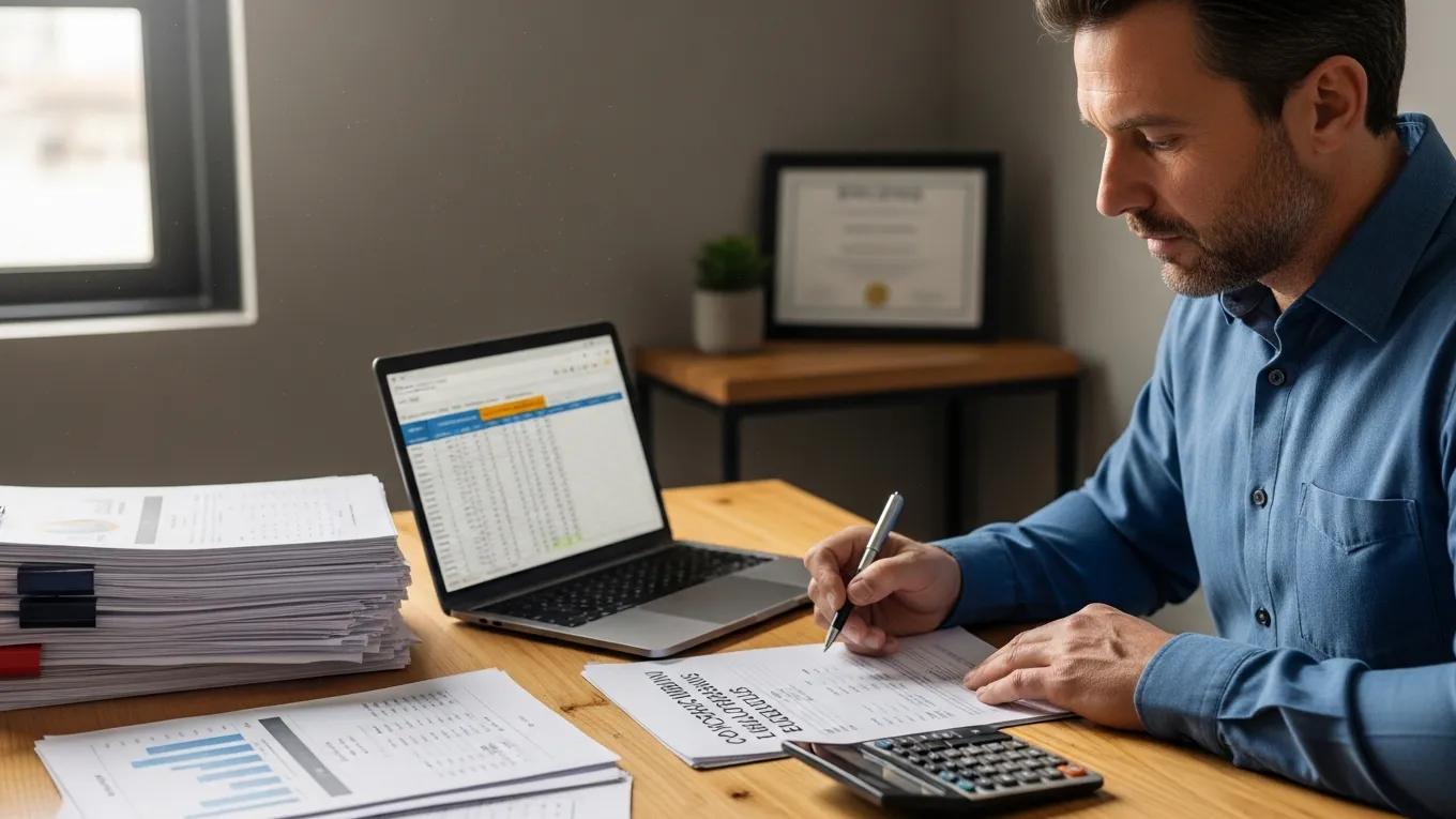 Business owner reviewing documents for construction loan eligibility, emphasizing financial preparedness