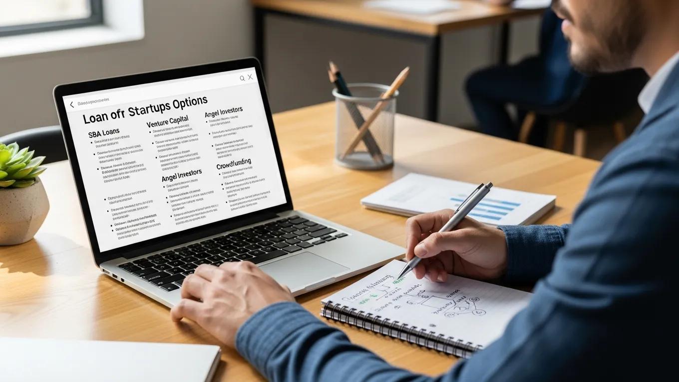 Business owner reviewing startup loan options in a bright workspace
