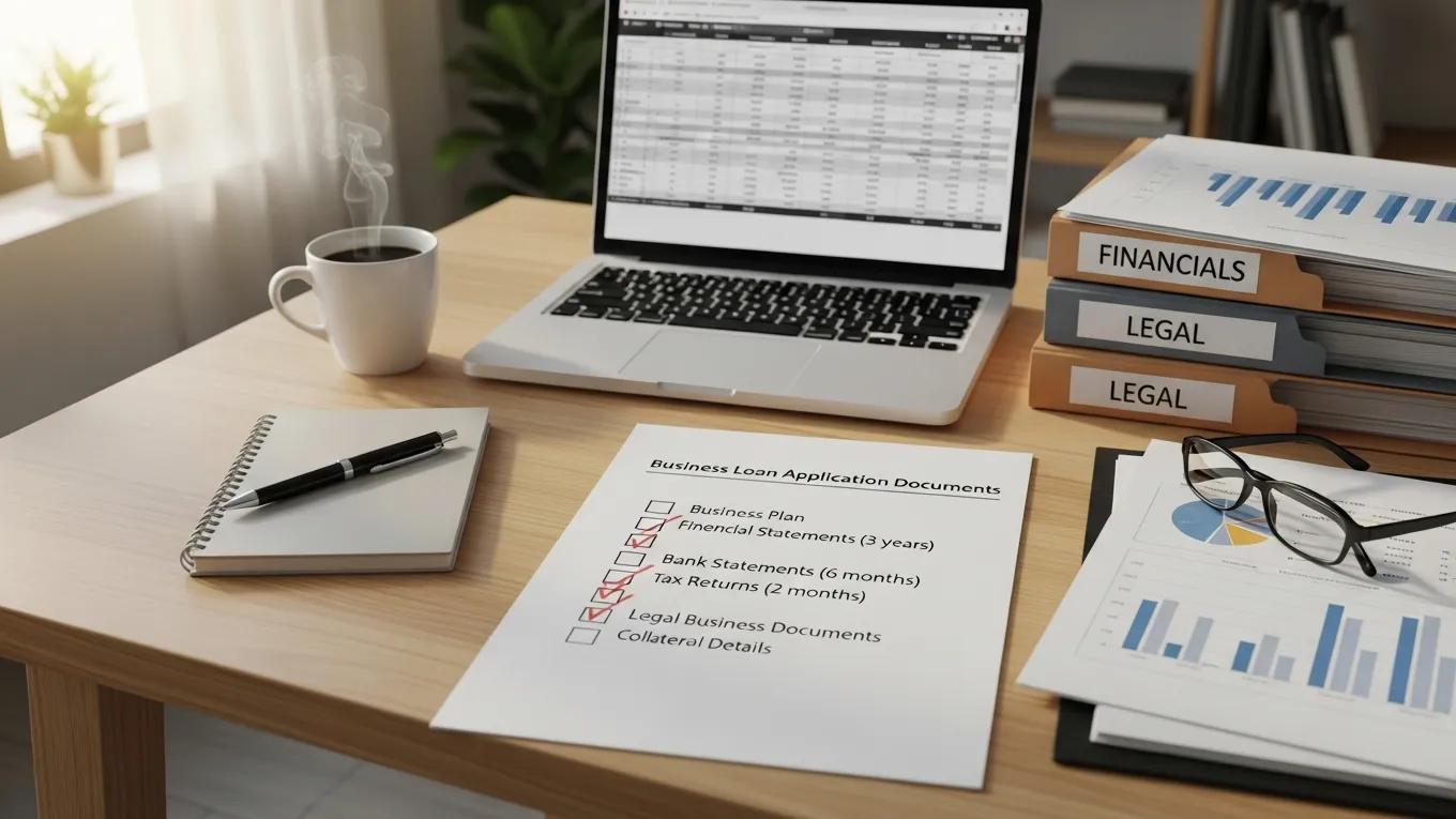 Checklist of documents required for a business loan application on a workspace