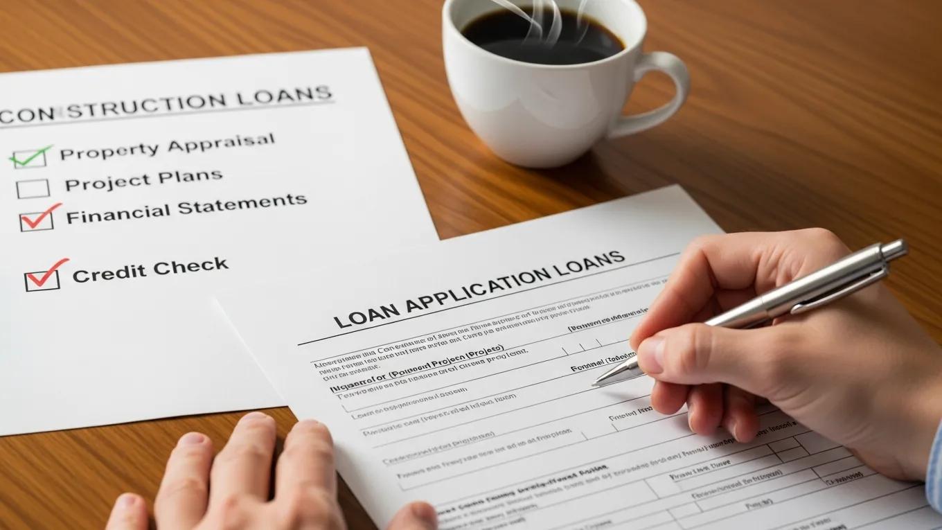 Close-up of a hand completing a construction loan application, highlighting the application process