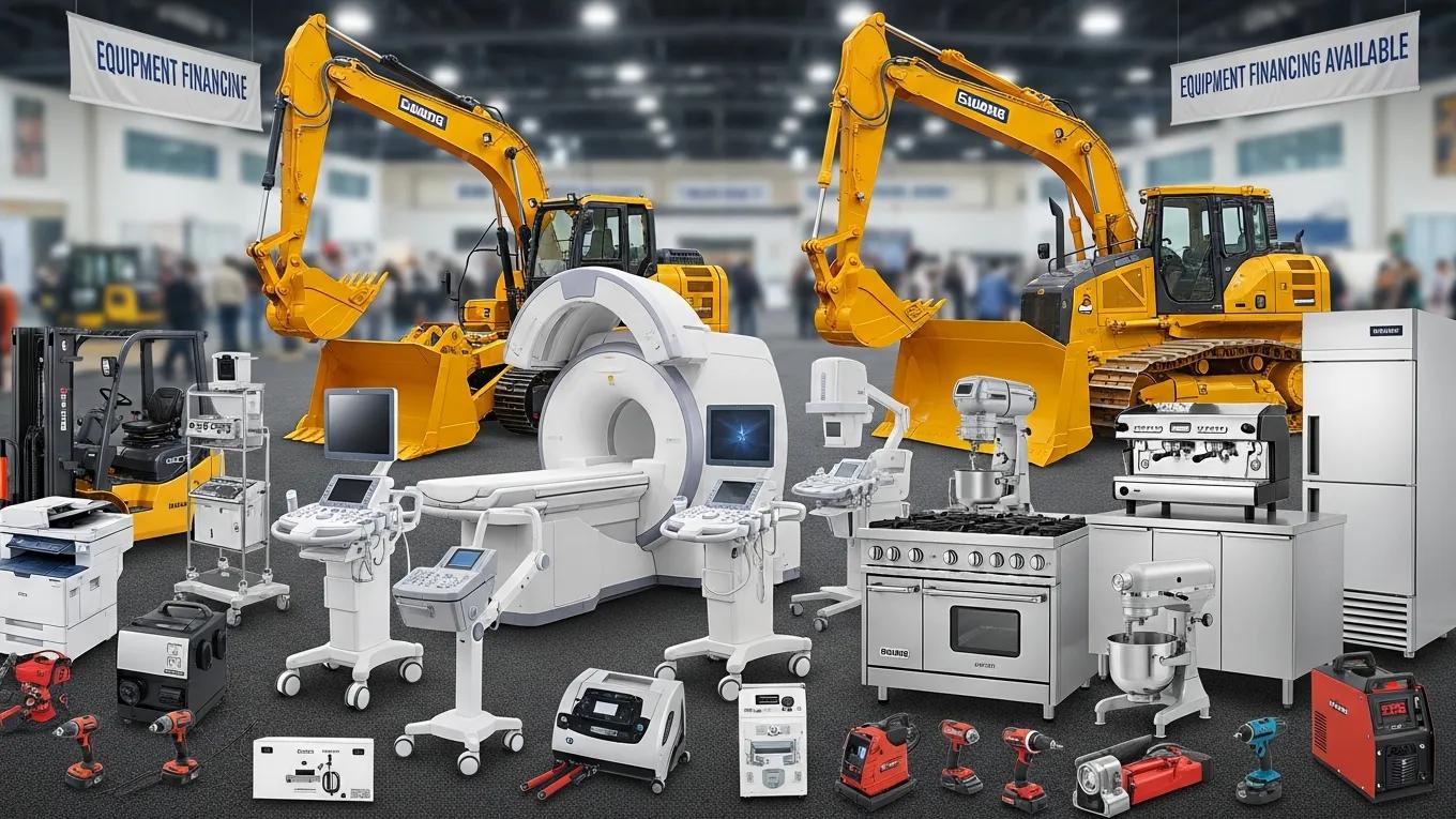 Diverse equipment types eligible for loans including construction vehicles, medical tools, and restaurant appliances
