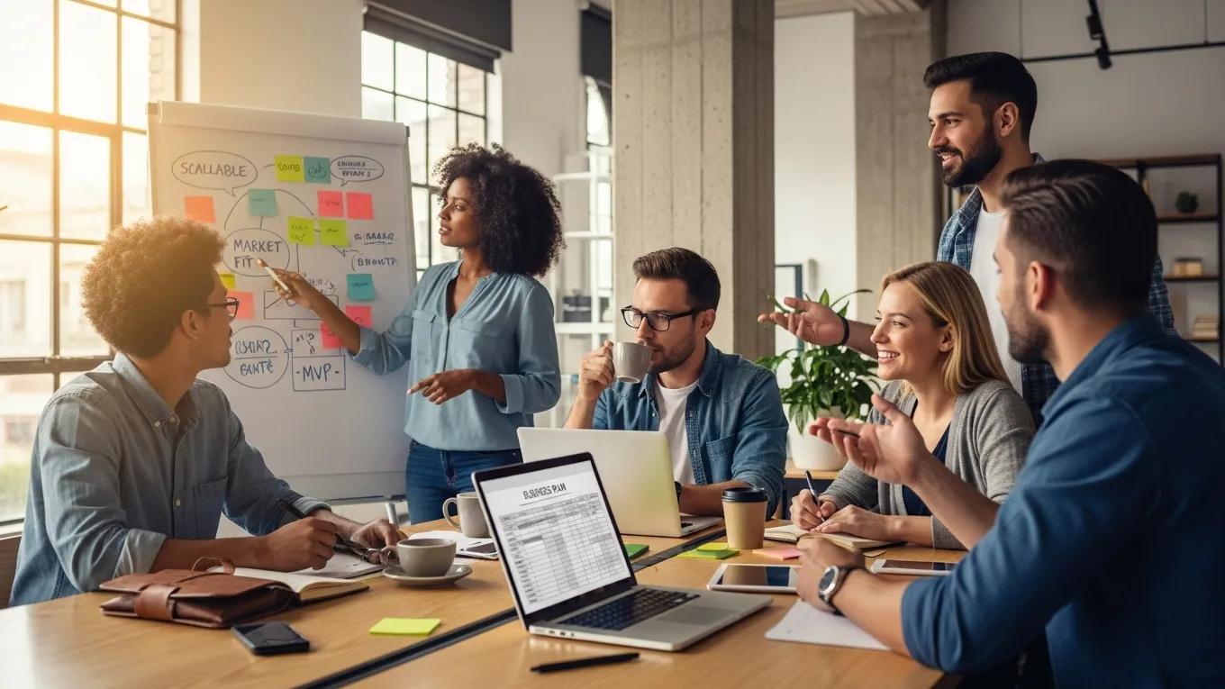 Entrepreneurs collaborating in a modern office space discussing startup business ideas