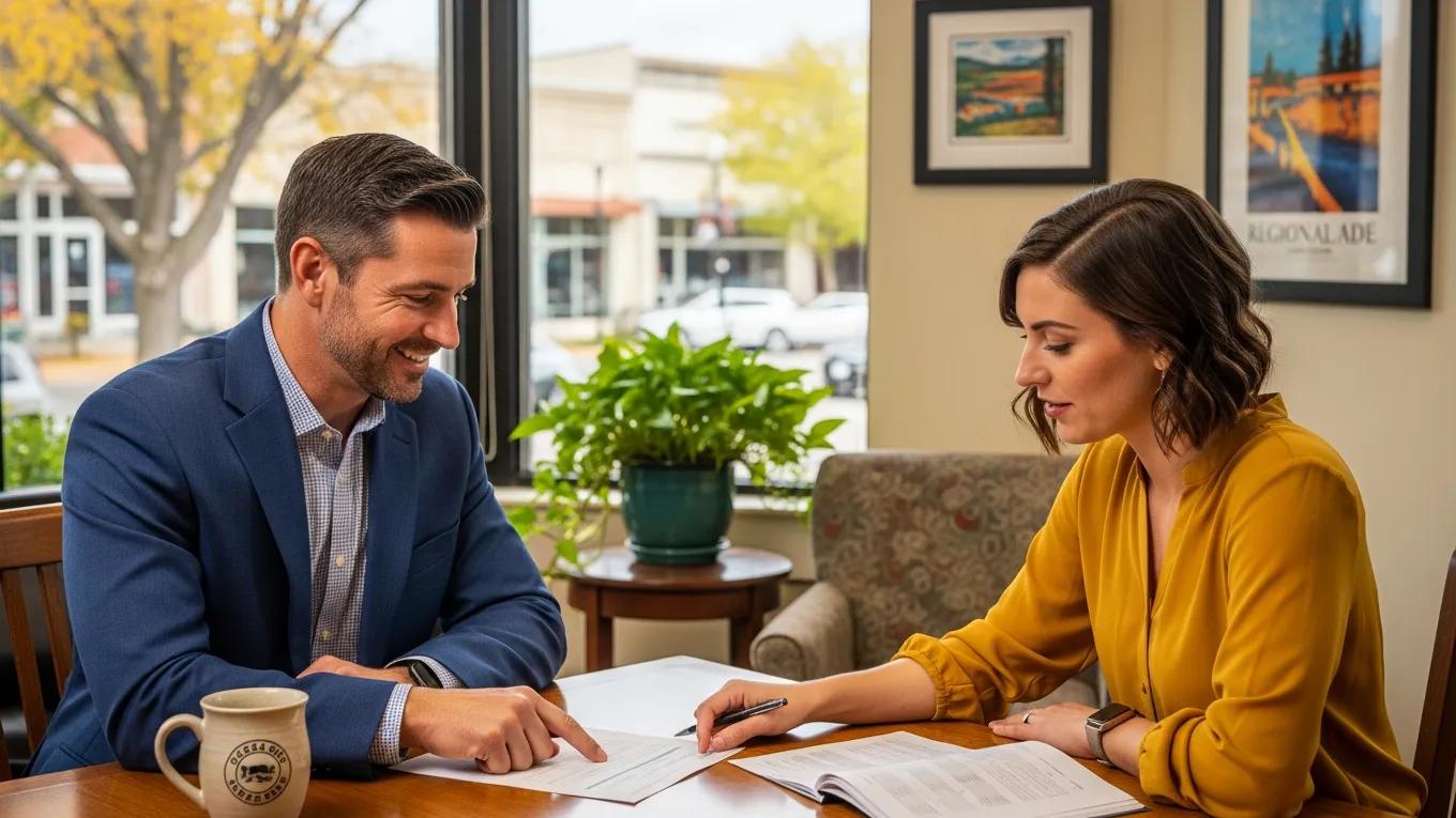 Local lender meeting with a small business owner, emphasizing personalized service and community support