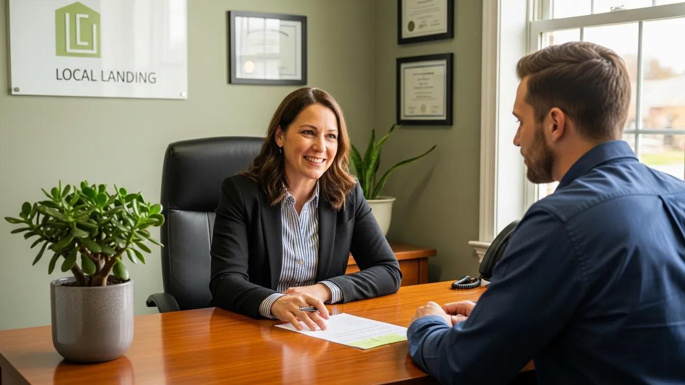 Local lender meeting with small business owner to discuss financing options in a welcoming office