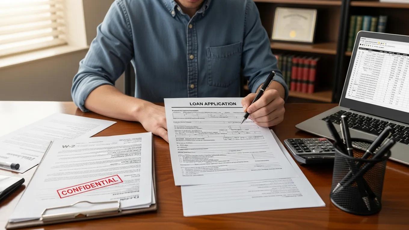 Person completing a loan application surrounded by essential business documents