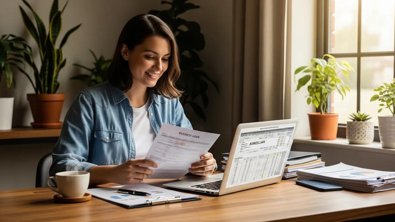 Small business owner in Murfreesboro reviewing business loan documents at a cozy desk