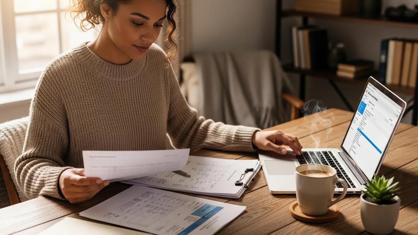 Small business owner organizing financial documents at a desk