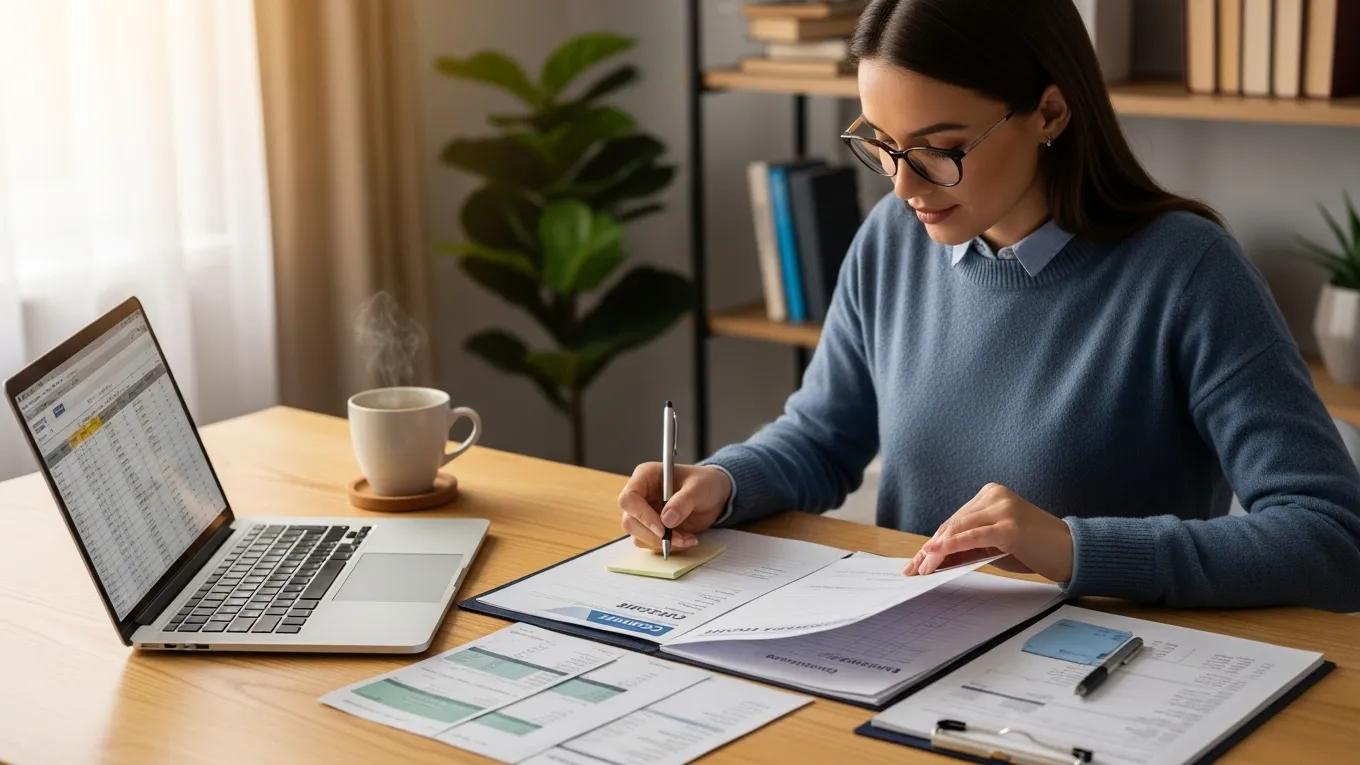 Small business owner reviewing credit report and financial documents to understand loan eligibility
