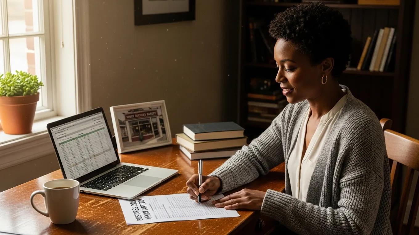 Small business owner reviewing financial documents in a cozy office, representing hope for bad credit borrowers