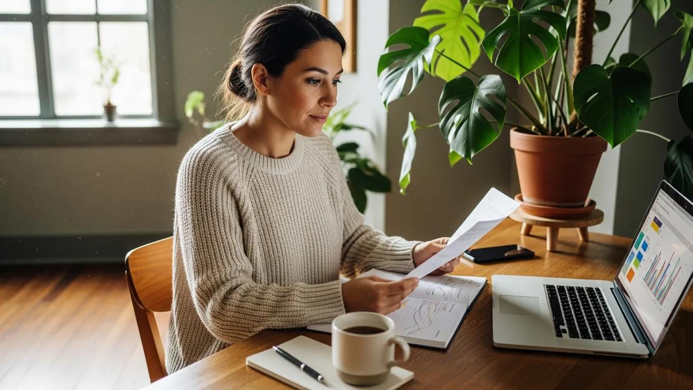 Small business owner reviewing financial documents in a cozy office setting