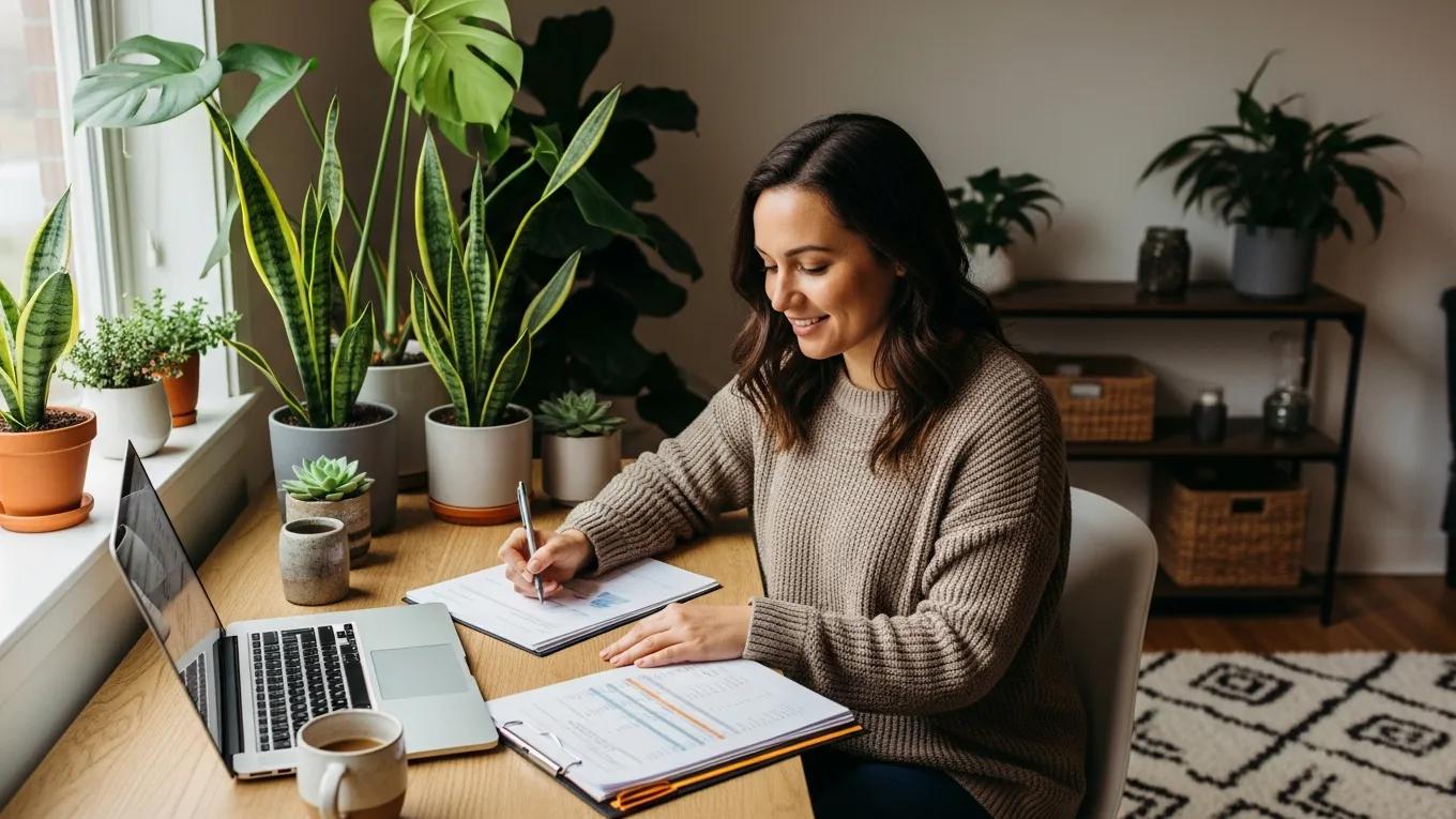 Small business owner reviewing financial documents in a cozy office setting