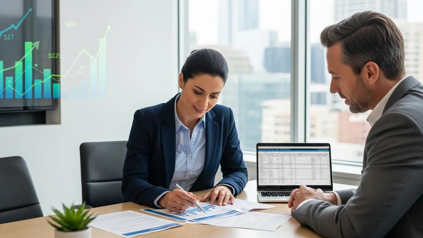 Small business owner reviewing SBA loan documents with a financial advisor in a modern office
